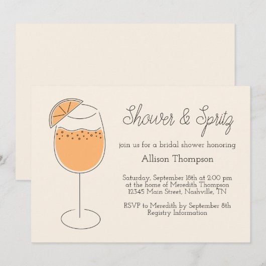 Shower and Spritz Bubbly Cocktail Bridal Shower 招待状 (正面/裏面)