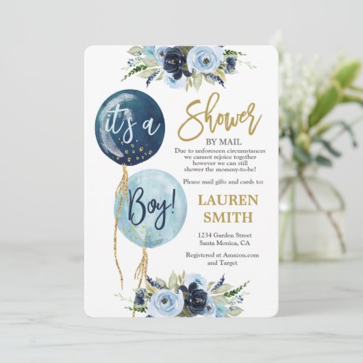 Shower by Mail Navy balloon baby shower boy 招待状 (スタンド正面)