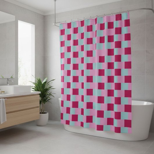 Shower curtain, checkered, pink fuchsia シャワーカーテン