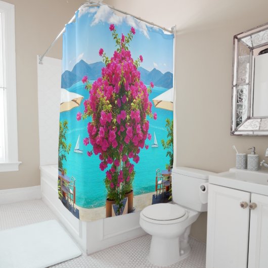 「Shower in Romance - Cafe Vibes and Garden美しい! シャワーカーテン (インサイチュ)