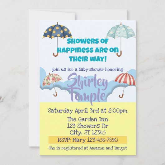 Showers of Happiness Umbrella Baby Shower 招待状 (正面)