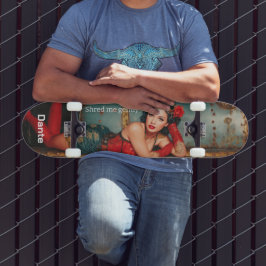 "Shred me gently" steampunk pinup girl painting スケートボード