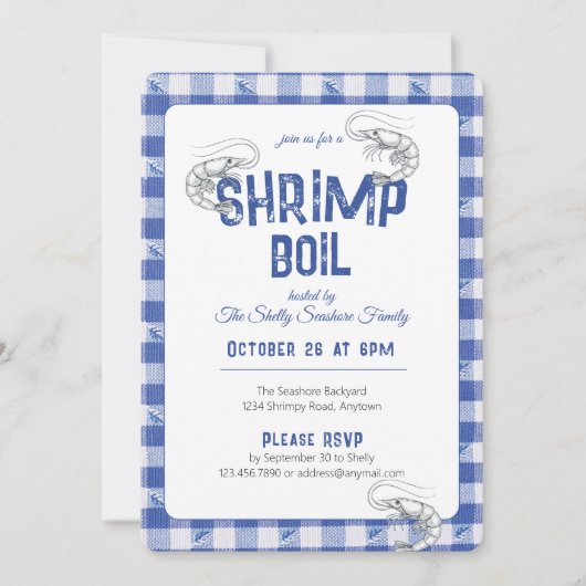 Shrimp Boil Casual Seafood Dinner Blue Gingham 招待状 (正面)