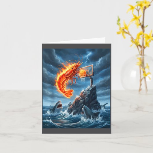 Shrimp Dunking On Shark Funny Fishing Meme Basketb カード (黄色い花)