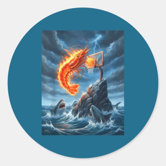 Shrimp Dunking On Shark Funny Fishing Meme Basketb ラウンドシール (正面)