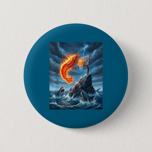 Shrimp Dunking On Shark Funny Fishing Meme Basketb 缶バッジ (正面)