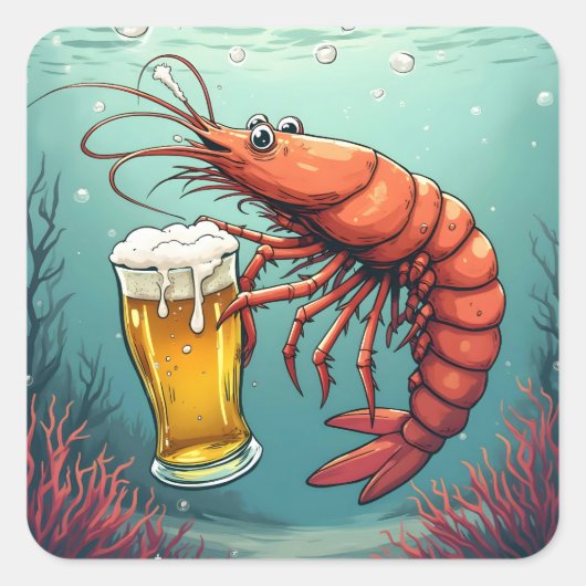 Shrimp Holding a Glass of Beer スクエアシール (正面)