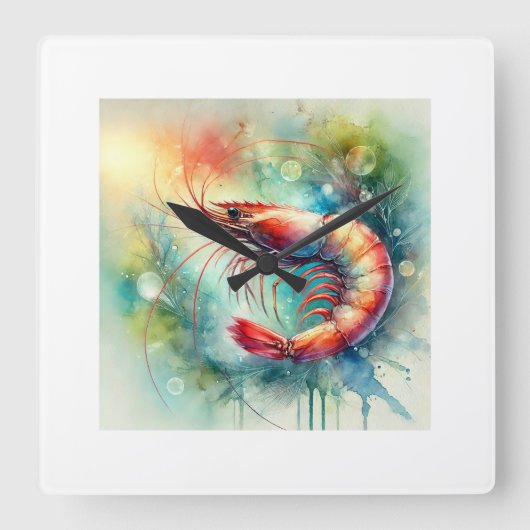 Shrimp in Watercolor 161024AREF148 - Watercolor スクエア壁時計 (正面)