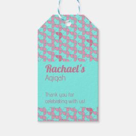 SHRIMPLYティール（緑がかった色）ピンクパターン、Aqiqah赤ちゃんシャワー ギフトタグ