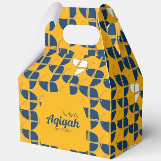 SHRIMPLY黄色の青のパターン、Aqiqah赤ちゃんシャワー フェイバーボックス (正面)
