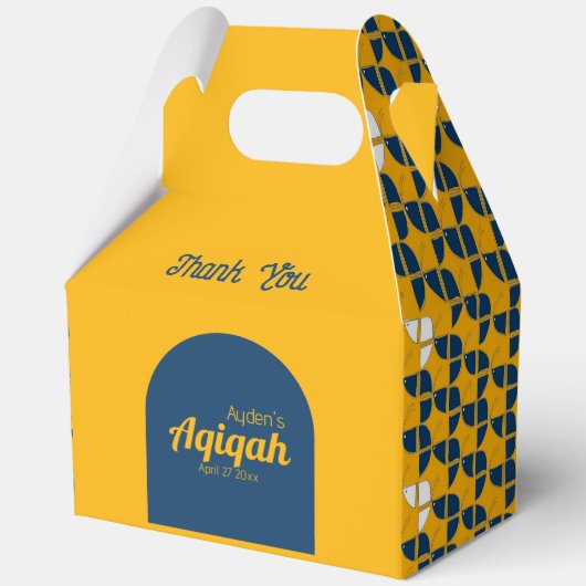 SHRIMPLY黄色の青のパターン、Aqiqah赤ちゃんシャワー フェイバーボックス (正面)