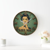 Shush Funny Retro Lady Quiet Please Humor Gift ラージ壁時計 (ホーム)