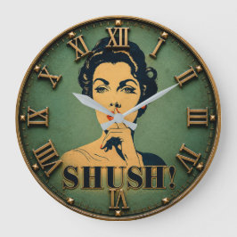 Shush Funny Retro Lady Quiet Please Humor Gift ラージ壁時計