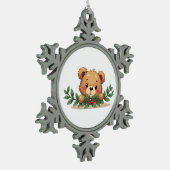 Shy Kawaii Teddy Bear Mistletoe Christmas スノーフレークピューターオーナメント (左)