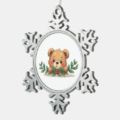 Shy Kawaii Teddy Bear Mistletoe Christmas スノーフレークピューターオーナメント (右)