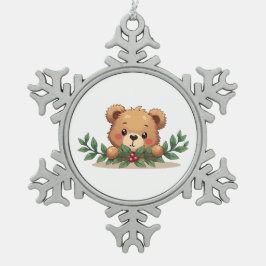 Shy Kawaii Teddy Bear Mistletoe Christmas スノーフレークピューターオーナメント