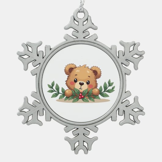 Shy Kawaii Teddy Bear Mistletoe Christmas スノーフレークピューターオーナメント (正面)