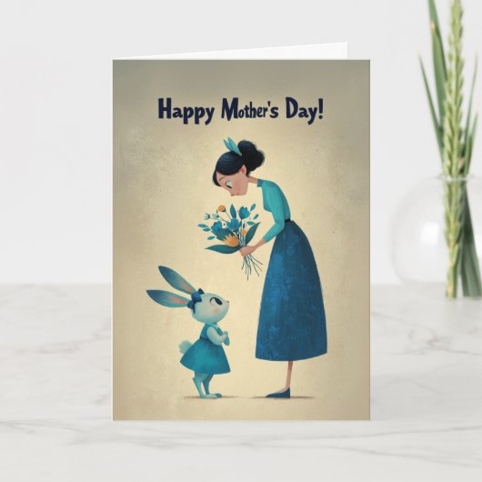 Shy Little Bunny Giving Mama Flowers Card カード (正面)