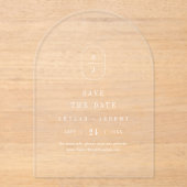 SHYLAHモノグラムホワイトアーチ結婚式の日付を保存 アクリル招待状 (正面)