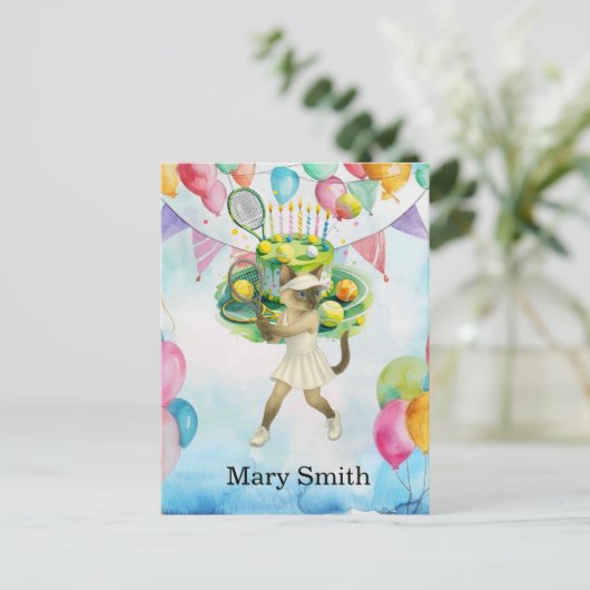 Siamese猫好きをテーマにしたテニスの誕生日 ポストカード (スタンド正面)