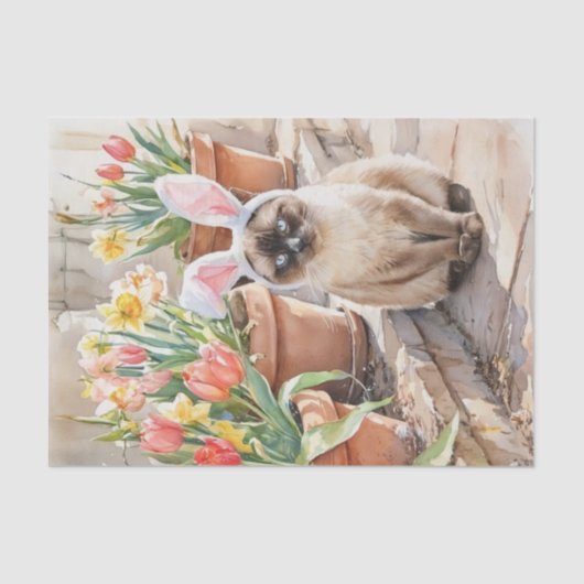 Siamese Bunny Cute Easter Cat with Tulips  薄葉紙 (正面)