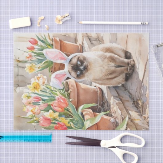 Siamese Bunny Cute Easter Cat with Tulips  薄葉紙 (クラフト)