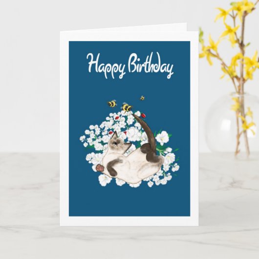 Siamese Cat誕生日カード – 独自の挨拶を追加 カード (黄色い花)