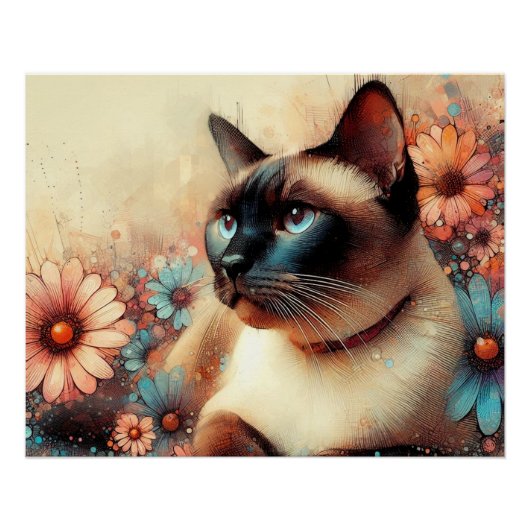 siamese cat and flowers ポスター (正面)