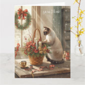 Siamese Cat arranging Flowers for WinterChristmas  カード (黄色い花)