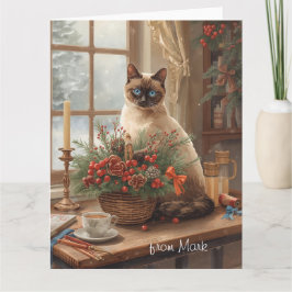Siamese Cat arranging Flowers Winter Christmas  カード