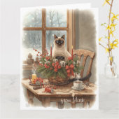 Siamese Cat arranging Flowers Winter Christmas  カード (黄色い花)
