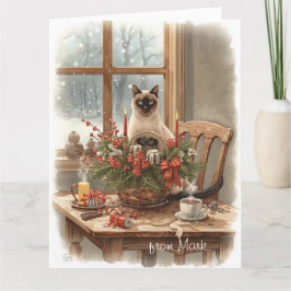 Siamese Cat arranging Flowers Winter Christmas  カード