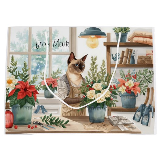 Siamese Cat arranging Flowers Winter Christmas  ラージペーパーバッグ (正面)