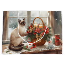 Siamese Cat arranging Flowers Winter Christmas  ラージペーパーバッグ