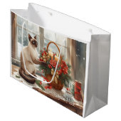 Siamese Cat arranging Flowers Winter Christmas  ラージペーパーバッグ (正面アングル)