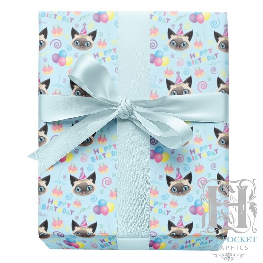 Siamese Cat Birthday Gift Wrapping Paper in Blue ラッピングペーパー