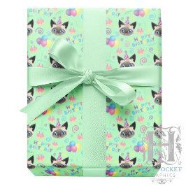 Siamese Cat Birthday Gift Wrapping Paper in Green ラッピングペーパー