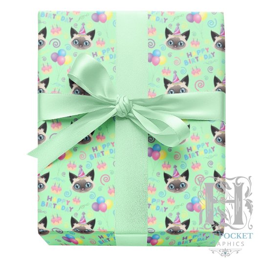 Siamese Cat Birthday Gift Wrapping Paper in Green ラッピングペーパー