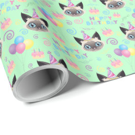 Siamese Cat Birthday Gift Wrapping Paper in Green ラッピングペーパー