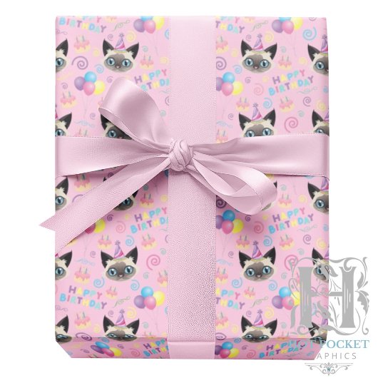 Siamese Cat Birthday Gift Wrapping Paper in Pink ラッピングペーパー