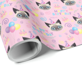 Siamese Cat Birthday Gift Wrapping Paper in Pink ラッピングペーパー