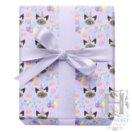 Siamese Cat Birthday Gift Wrapping Paper in Purple ラッピングペーパー
