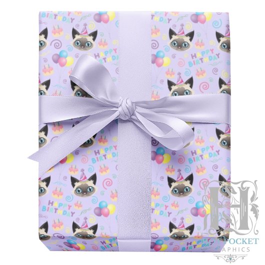 Siamese Cat Birthday Gift Wrapping Paper in Purple ラッピングペーパー