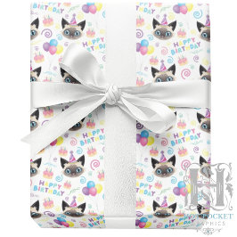 Siamese Cat Birthday Gift Wrapping Paper in White ラッピングペーパー