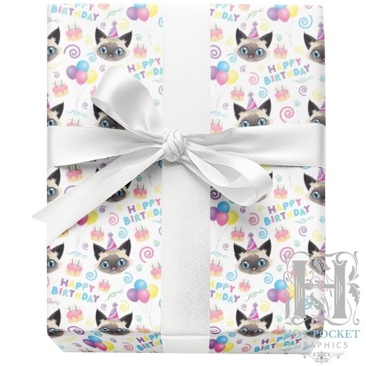 Siamese Cat Birthday Gift Wrapping Paper in White ラッピングペーパー