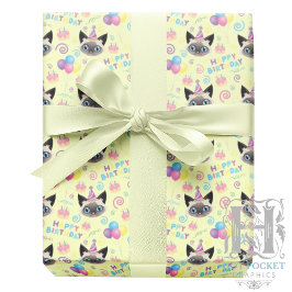 Siamese Cat Birthday Gift Wrapping Paper in Yellow ラッピングペーパー