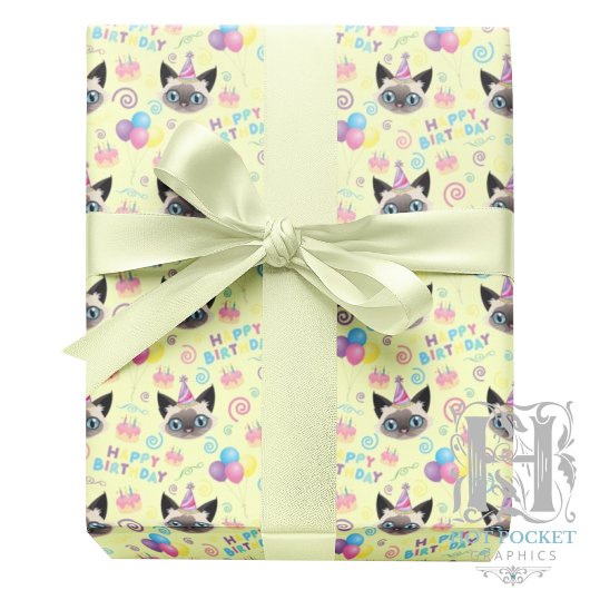 Siamese Cat Birthday Gift Wrapping Paper in Yellow ラッピングペーパー