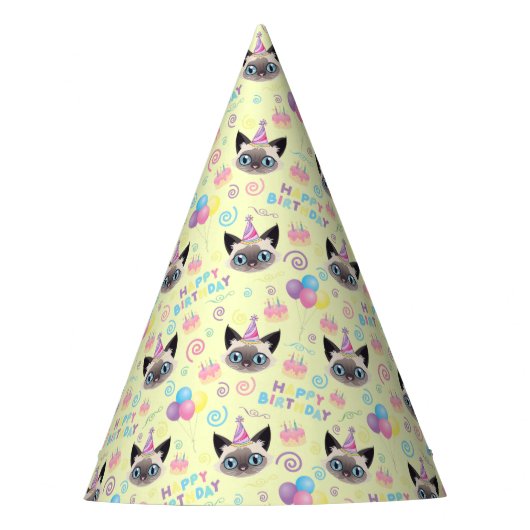 Siamese Cat Birthday Party Hat Yellow パーティーハット (正面)