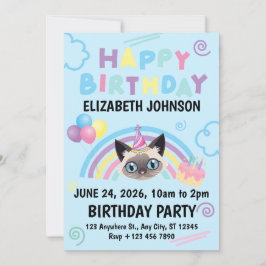 Siamese Cat Birthday Party Invitation Blue 招待状