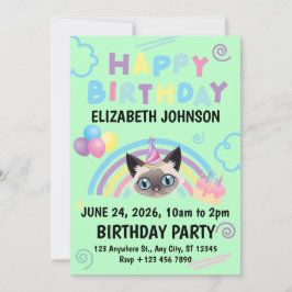 Siamese Cat Birthday Party Invitation Green 招待状
